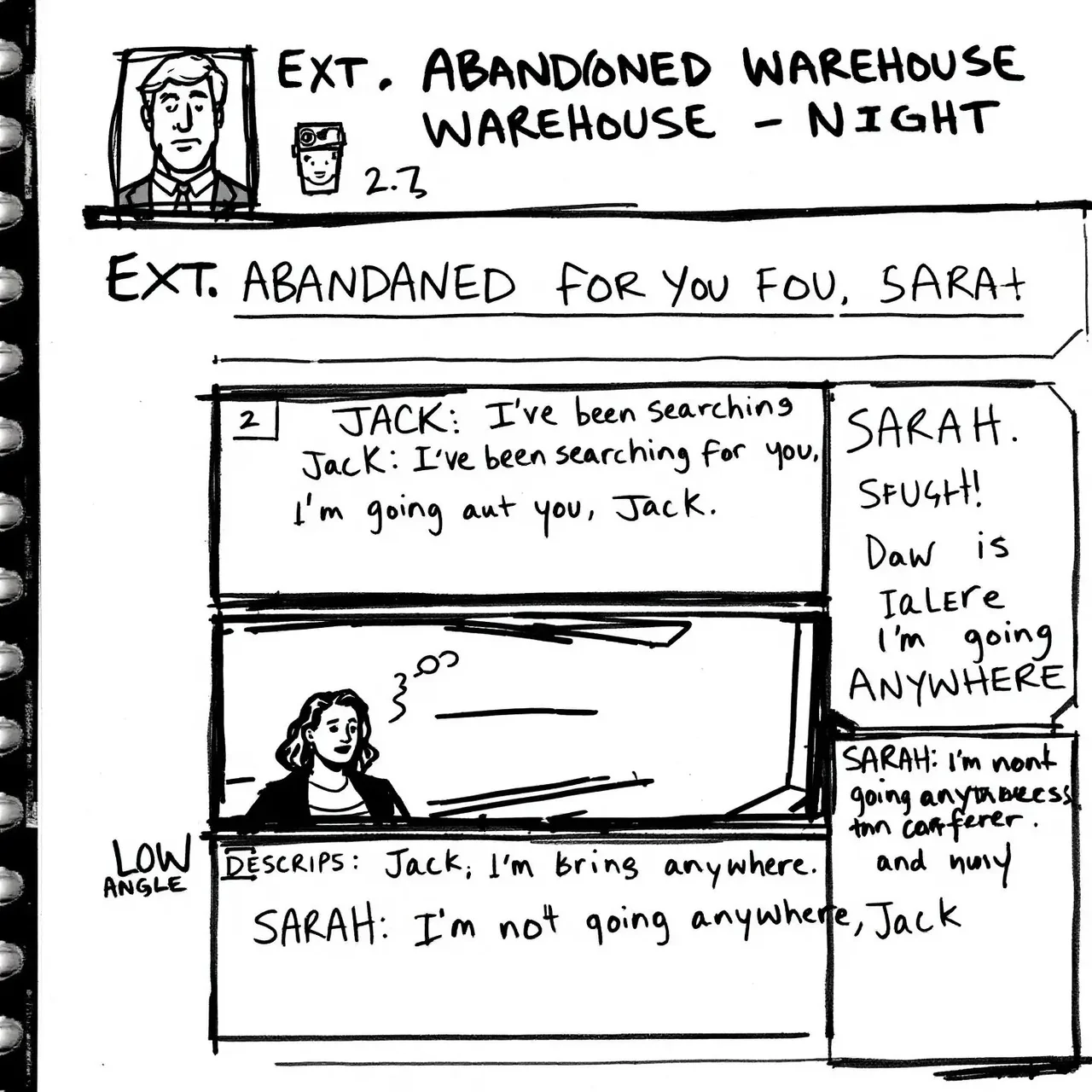 An example of a movie storyboard panel with detailed annotations
