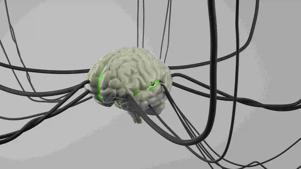 Digital rendering of a human brain connected to multiple black cables.
